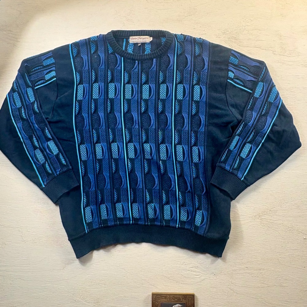 VTG Norm Thompson Mens XL Cable Sweater Blue Geometric Eclectic Grandpa Cosby